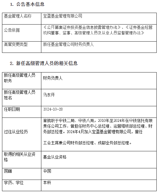 宝盈基金新任马东开为财务负责人-第1张图片-008彩票