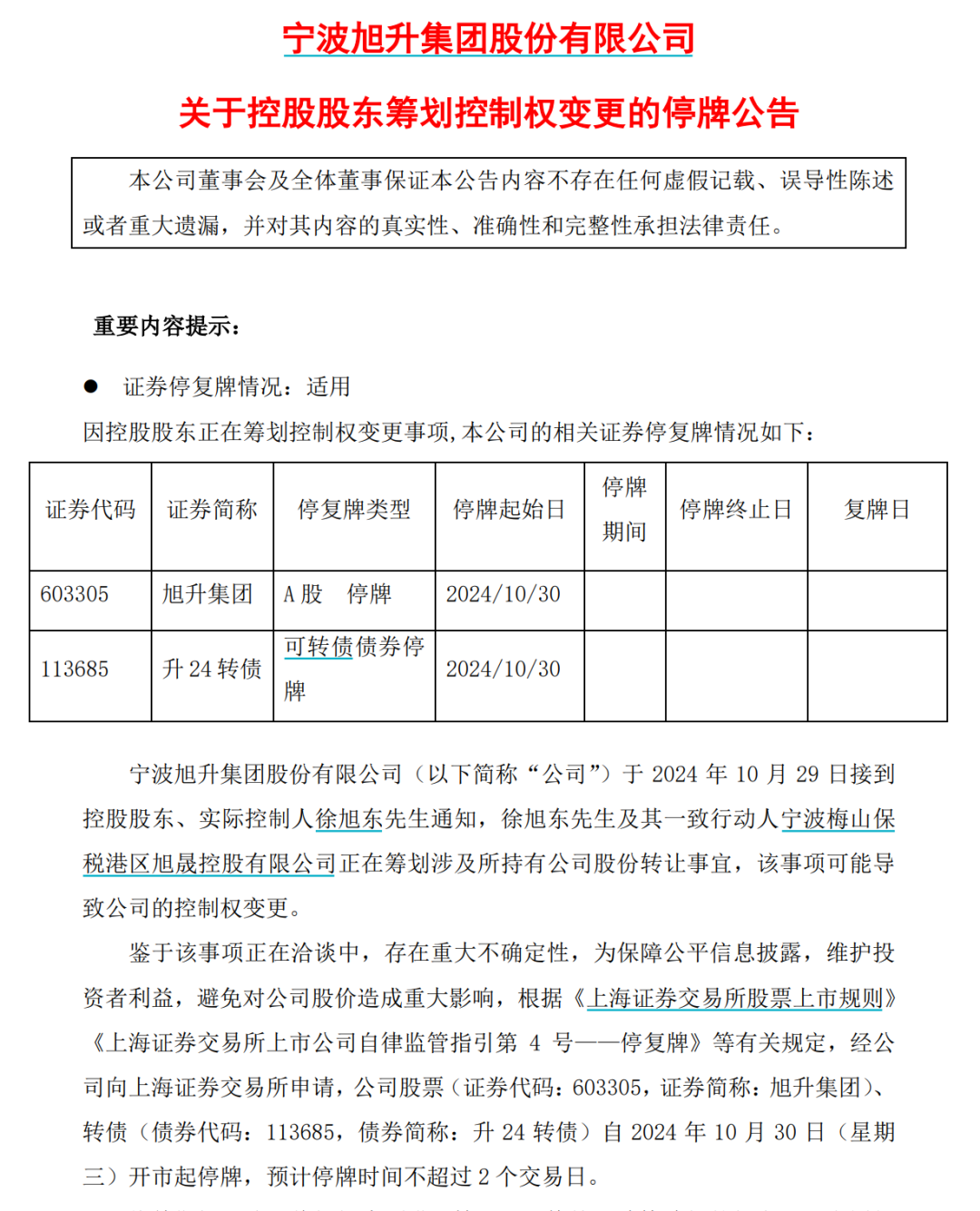 旭升集团停牌筹划公司股份转让，或导致控制权变更-第1张图片-008彩票