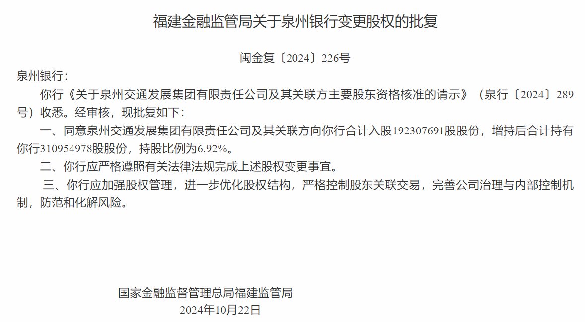 泉州银行：注册资本增至44.96亿元 泉州交通发展集团股权增持至6.92%-第1张图片-008彩票