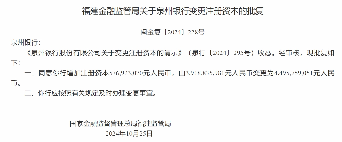 泉州银行：注册资本增至44.96亿元 泉州交通发展集团股权增持至6.92%-第2张图片-008彩票