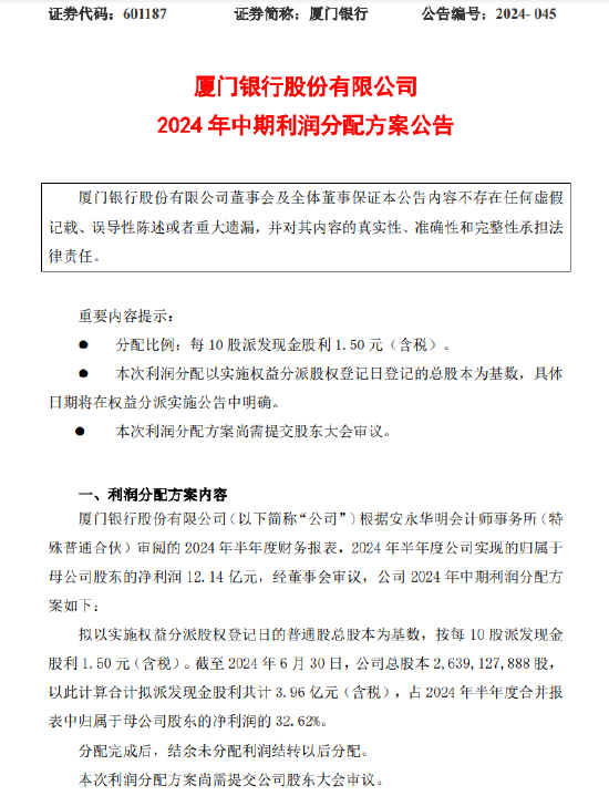 厦门银行：拟每10股派发现金股利1.50元-第1张图片-008彩票